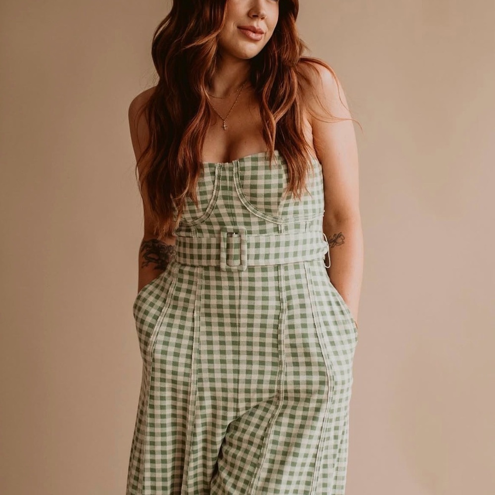 Free People Hold Me Tight Jumpsuit Small NWOT Green Gingham - Picture 9 of 10
